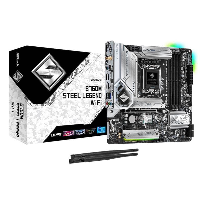 MBO ASROCK B760M STEEL LEGEND 13va. LGA1700 DDR5 WIFI HDMI DP M.2 15USB PCIE5.0 mATX - Imagen 1