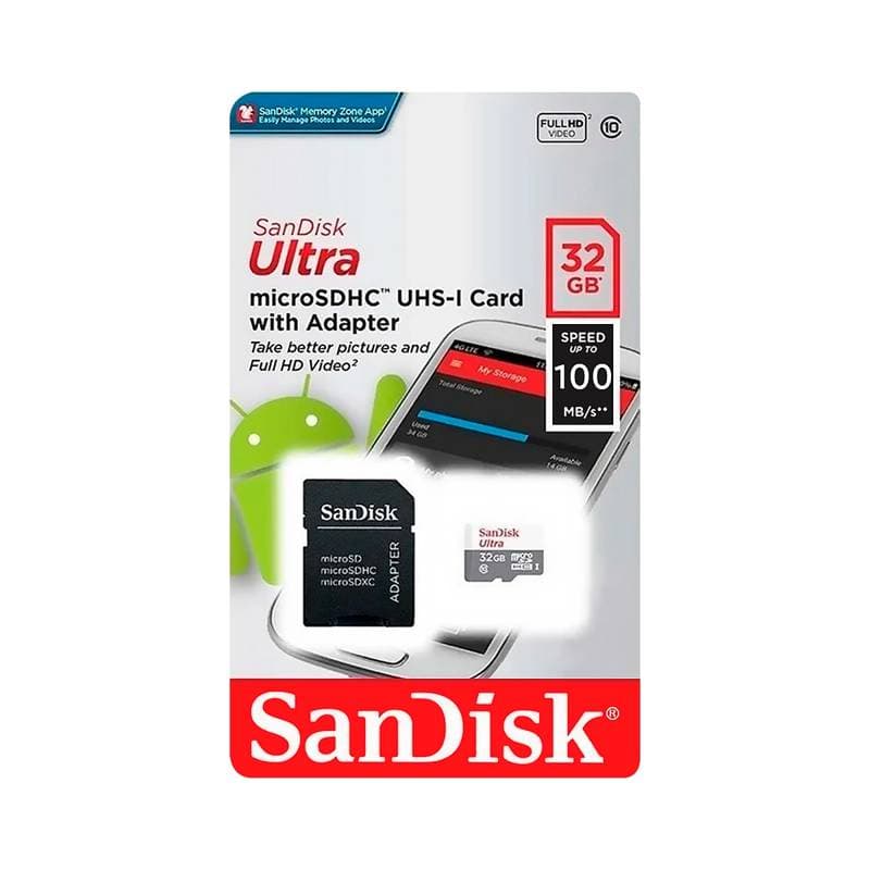 Memory Sandisk microSDHC 32GB ULTRA w/Adapter USH-1 C10 Android 100MB - Imagen 1